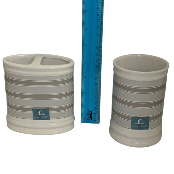 Striped Fabric Shower Curtain Ceramic Accessories 3 Pieces White Grey Tan Khaki - Picture 9 of 15